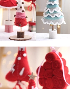 Close-up of wool felt Christmas trees with wooden bases in various festive colors