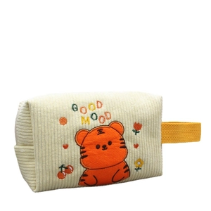 Kosmetiktasche aus Cord mit Tiger-Stickerei und gelbem Griff für Reiseaufbewahrung