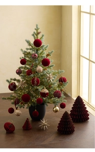Mini PE Christmas tree with LED lights, velvet balls, and gold ornaments on a desk