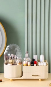 Rotating makeup organizer with dust-proof lid and 360-degree cosmetic storage brush holder