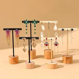 Earring Display Stand Holder Metal T-Bar Round Wood Base Jewelry Organizer Desktop Photography Props Nordic Style
