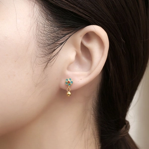 Elegant gold flower stud earrings with blue petals and golden bead drop for women