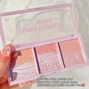 Close-up of the three-color blush and eyeshadow palette with matte and shimmer pink tones