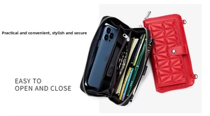 Detail of leather crossbody wallet with quilted pattern and multi-card slot storage