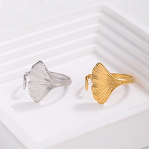Elegant 3D ginkgo leaf open rings in gold and silver finish for a minimalist nature style