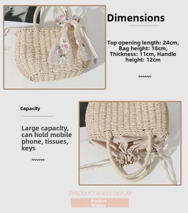 Straw bag dimensions and capacity details with internal view showing space for phone