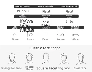 Detailed size specifications for irregular metal frame sunglasses with nylon lenses