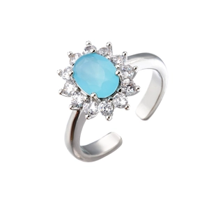 18K gold-plated open ring featuring a sky blue oval zircon and sparkling white crystals