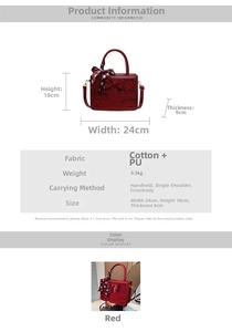 Detailed size specifications for red jacquard bridal handbag with bow and scarf accessory