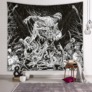 Gothic skull and monster art tapestry on white brick wall for aesthetic room decor