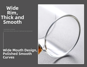Macro detail of high borosilicate glass cup with amber handle and wide rim