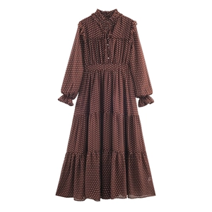 Abito Maxi A Pois In Chiffon Di Poliestere Con Volant Maniche Lunghe A Campana Vita Alta A Balze Retro Francese