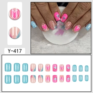 Pink and blue glitter press-on nails with heart patterns and French lines, 24 piece set