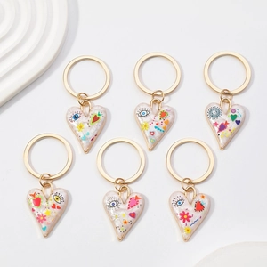 Porte-clés Cœur Mauvais Œil à la Mode pour Femme Alliage d'Or Émail Fleur Étoile Motif Pendentif Sac Style Pop Art Cadeau