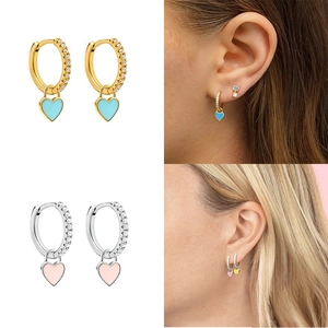 Fashion heart hoop earrings with sparkling rhinestones and colorful enamel pendant charms