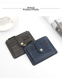Slim retro PU leather card holder with multiple slots and zipper pouch in blue and grey