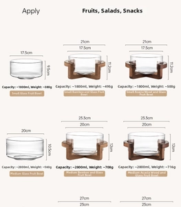 Size chart for glass salad bowls with wood base showing dimensions for small and medium