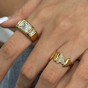 Close-up of 18k gold-plated stainless steel rings with square zircon stones on fingers