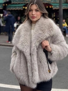Elegant light gray faux fur coat for women featuring a stylish large lapel and plush texture