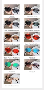Detailanzeige der ovalen Metall-Sonnenbrille mit verschiedenen Rahmen- und Glasfarben