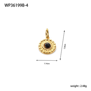 Detailed view of 1.9x1.14cm golden sunburst pendant with black stone and measurements