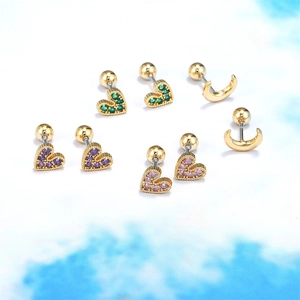 Star heart and moon gold ear studs set with colorful zircon and screw ball backing