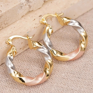 Three-tone twisted rope hoop earrings in gold silver and rose gold finishes