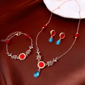 Vintage Palace Style Jewelry Necklace Bracelet Earrings Alloy Resin Red Blue Teardrop Silver Earring Post For Women