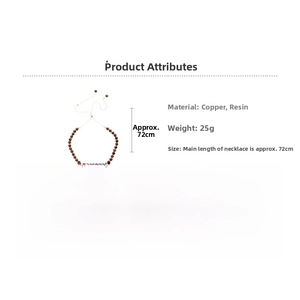 Detail view of tiger eye bead necklace with copper and resin material specs and dimensions