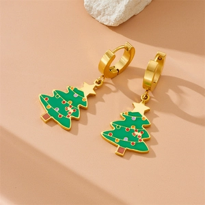 18K gold plated stainless steel hoop earrings with colorful enamel Christmas tree charms