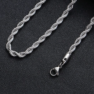 Close-up of silver stainless steel rope chain showing texture and secure lobster clasp