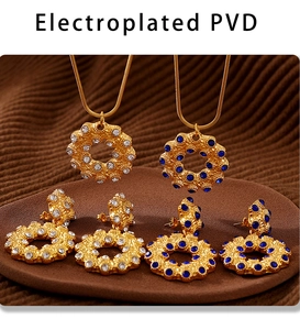 Details von PVD-vergoldeten Schmucksets mit weißen und blauen Kristallen auf einer Platte