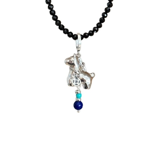 Beaded pony pendant necklace with silver horse charm and black faceted crystal beads
