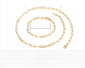 Detailed view of gold stainless steel necklace and bracelet set with size measurements