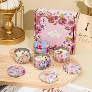 Scented Candles Natural Soy Wax Tinplate Jar With Dried Flower Petals Portable Mandala Bohemian Christmas Style Home Decor