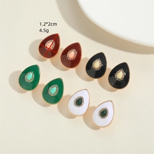 Set of four 14K gold plated teardrop enamel earrings in red, green, black and white