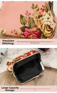 Macro view of floral fabric coin purse with vintage metal clasp and internal compartment
