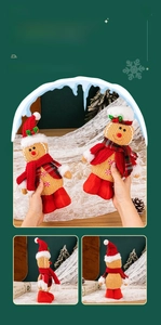 Front and side view of knit gingerbread man plush toys with festive scarves and hats