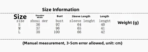 Size chart for knit two-piece set including shoulder, bust, sleeve, and length in cm