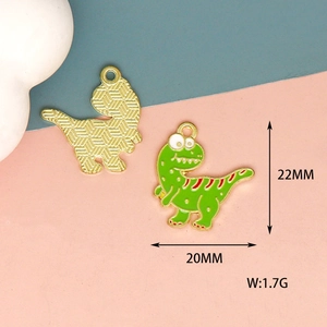 Detailed size and weight view of green dinosaur alloy pendant with golden mesh back