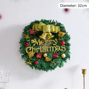 Christmas pine needle wreath with gold bow, bells and ornaments, 32cm diameter size