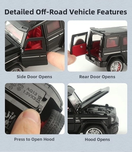 Detailed view of opening doors and engine hood on black die-cast toy off-road vehicle