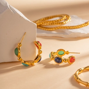 18K gold plated C-shaped stainless steel earrings featuring multi-color natural stones