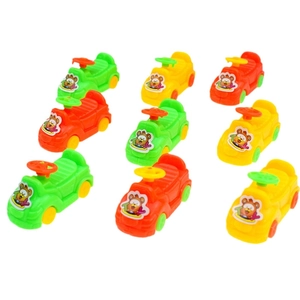Set of colorful plastic toy cars in green yellow and orange with cartoon stickers