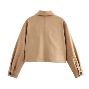 Back view of camel faux suede cropped jacket for women featuring stylish lapel and buttoned cuffs