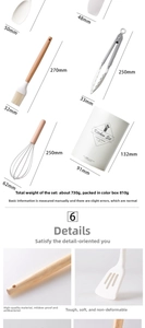 Detail of wooden handle silicone kitchen utensils with size specs and storage bucket