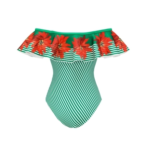 Detail of off-the-shoulder ruffle neckline with red floral and green striped pattern