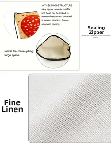 Macro view of makeup bag details featuring linen texture and anti-sliding metal zipper