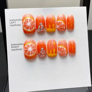 Faux Ongles d'Été Frais Peints à la Main Rouge à Joues Tridimensionnel Orange Gelée Manucure Manuelle pour Femmes