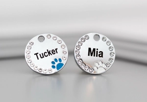 Detail of silver stainless steel pet tags with rhinestones and custom names